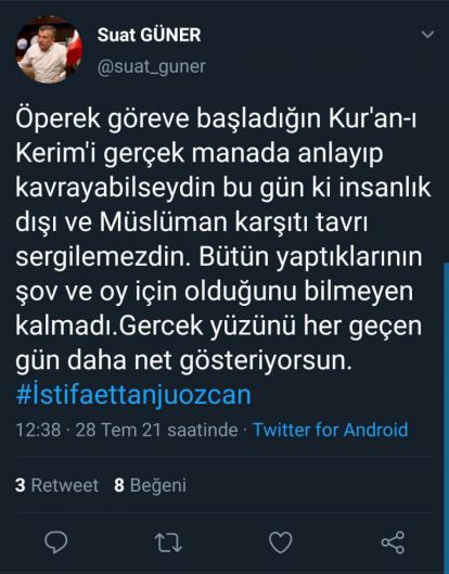 SUAT GÜNER'DEN TANJU ÖZCAN'A #İSTİFAETTANJUÖZCAN ETİKETLİ PAYLAŞIM