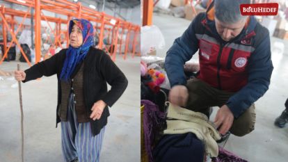 YAŞLI KADIN ÖRDÜĞÜ ATKI VE PATİKLERİ DEPREMZEDELERE GÖNDERDİ